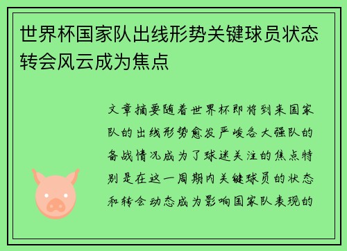 世界杯国家队出线形势关键球员状态转会风云成为焦点